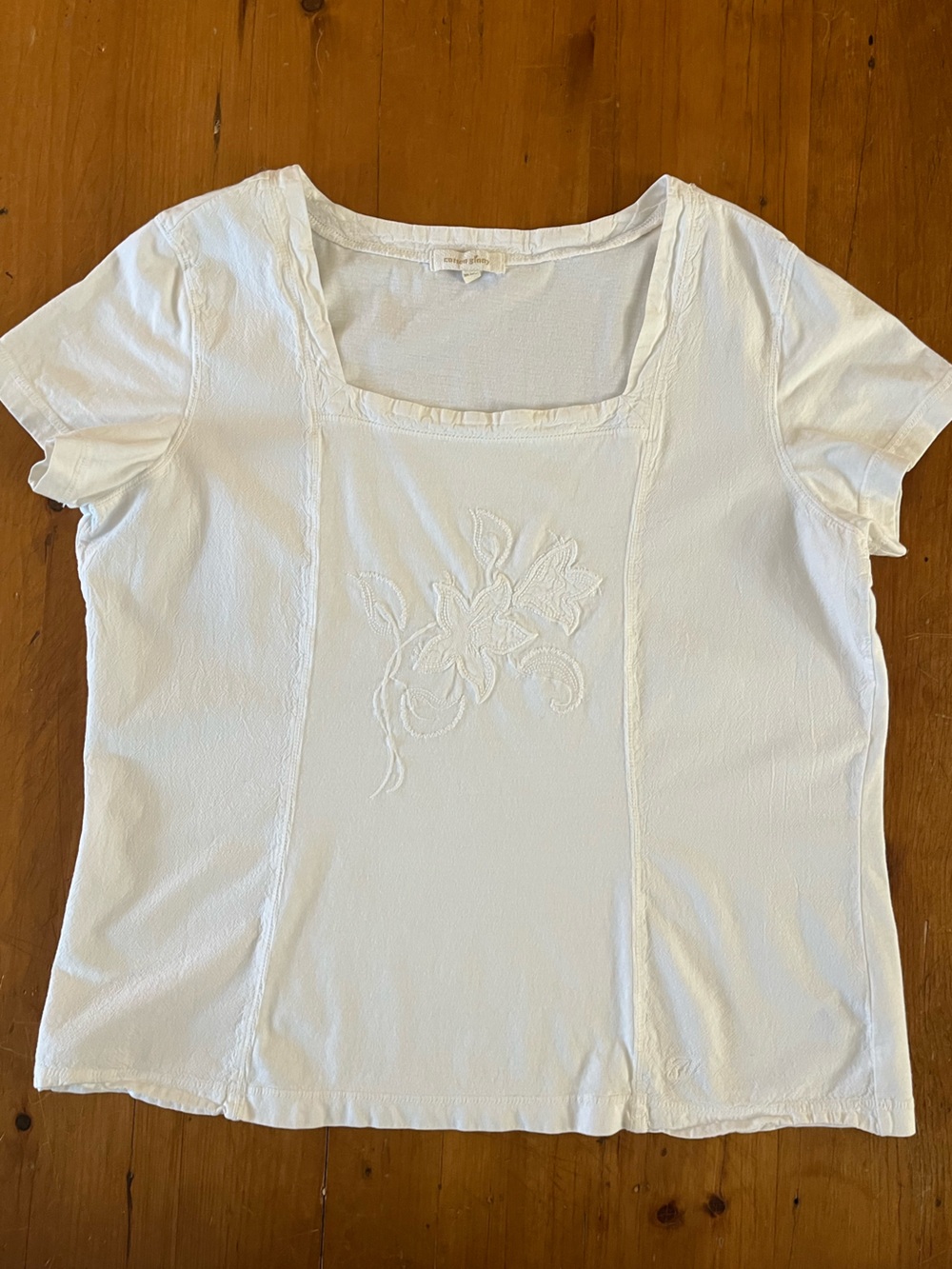 Cotton Ginny White 100% Cotton Tee With Woven Panels and Floral Appliqué